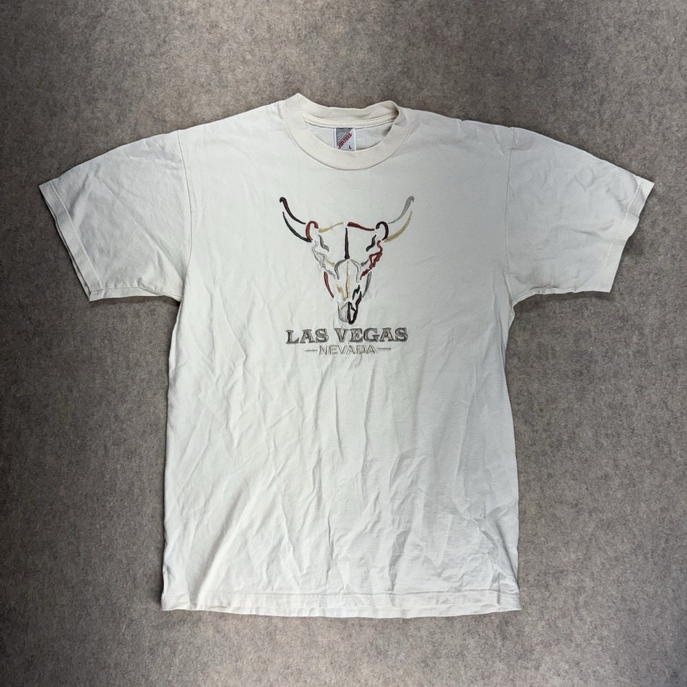 Vintage 90s Jerzees Cowboy Las Vegas Nevada Embroidered T-Shirt Cream Size Large
